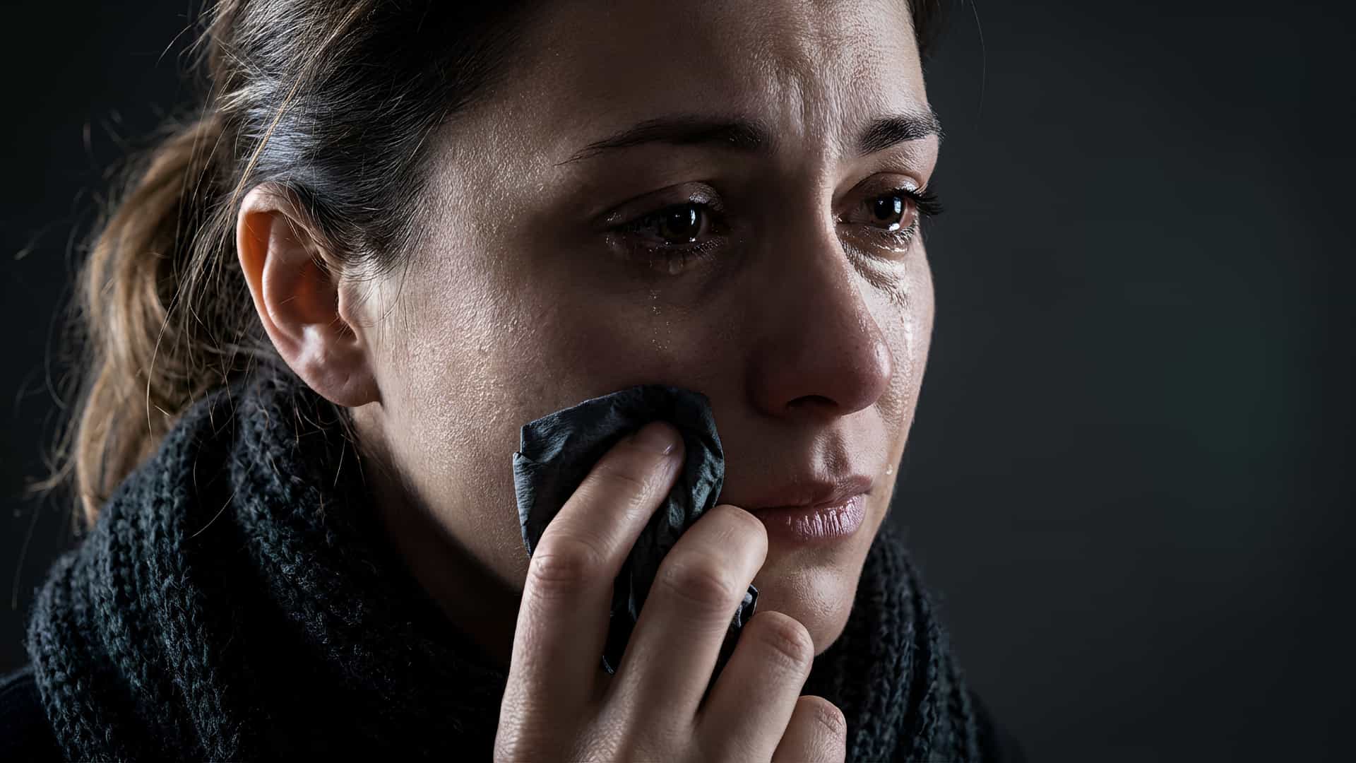A close-up of a woman crying
