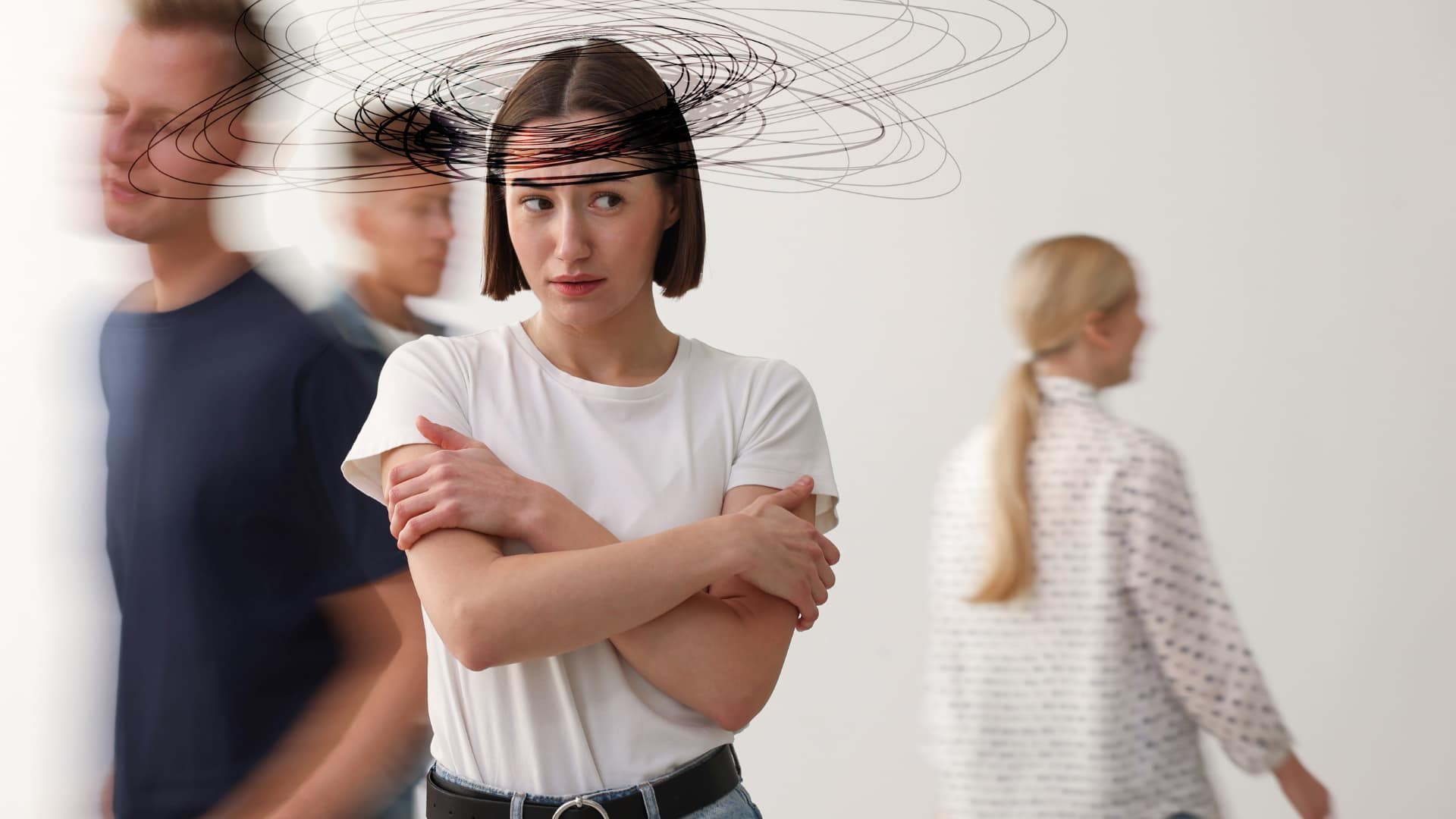 A woman stands with swirling lines over her head